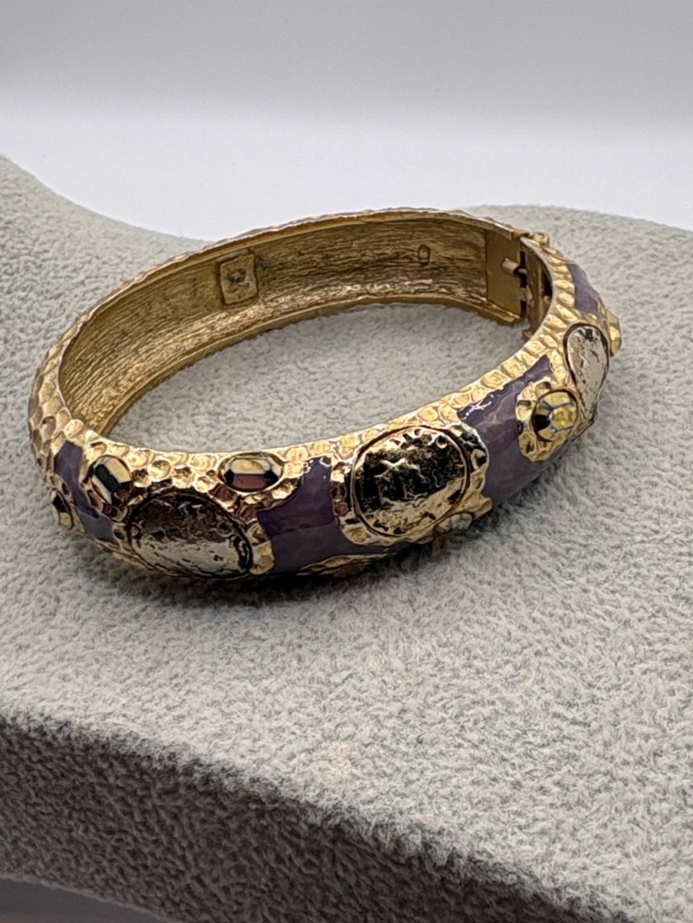 Tat2 Gold Tone Purple Enamel Textured Coin Style Bangle Bracelet - Picture 2 of 6